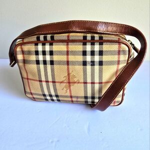 Burberry Haymarket Check Leather Trimmed Crossbody Bag Brown